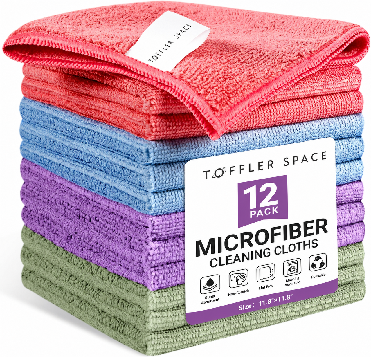 Toffler Space - Color-Coded Microfiber Cleaning Cloths, 12-Pack